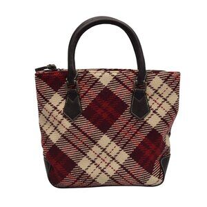 Plaid Wool Tote Handbag Burgundy Red Cream Vegan Leather Double Handles Accents